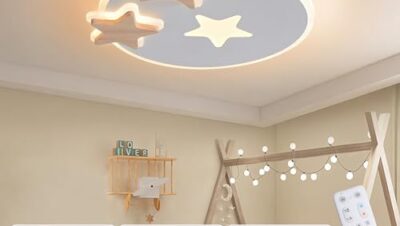 YUEEU 34CM Led Deckenleuchte Schlafzimmer,Holz Kinderzimmer Lampe Decke Stern Kinderlampe,Dimmbar Deckenlampe für Kinder Lampe mit Fernbedienung